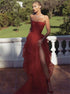 A Line Strapless Red Tulle Prom Dresses with Ruffles LBQ1086